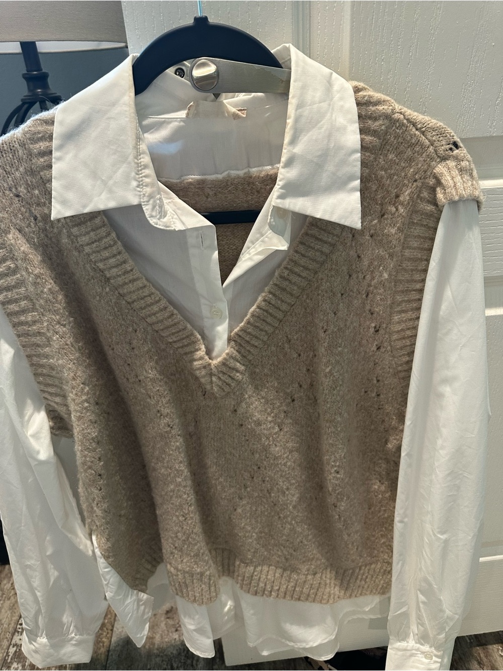 Altar'd State Cream-Taupe V-Neck Knit Vest with White Shirt